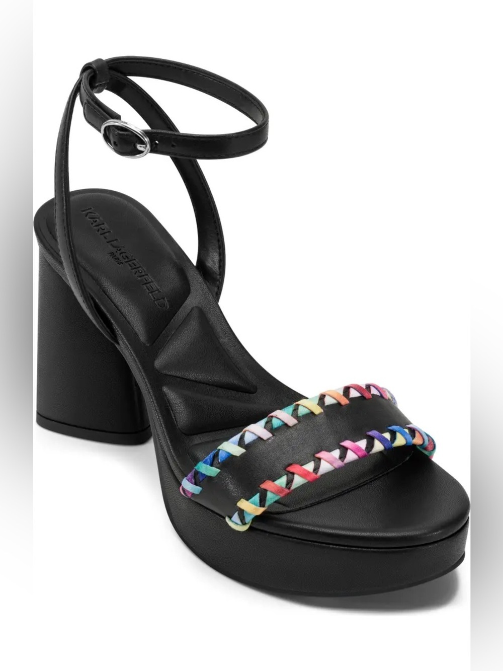Karl Lagerfeld Black Leather Sandal with Rainbow Braided Trim NWOT 6.5 & 9